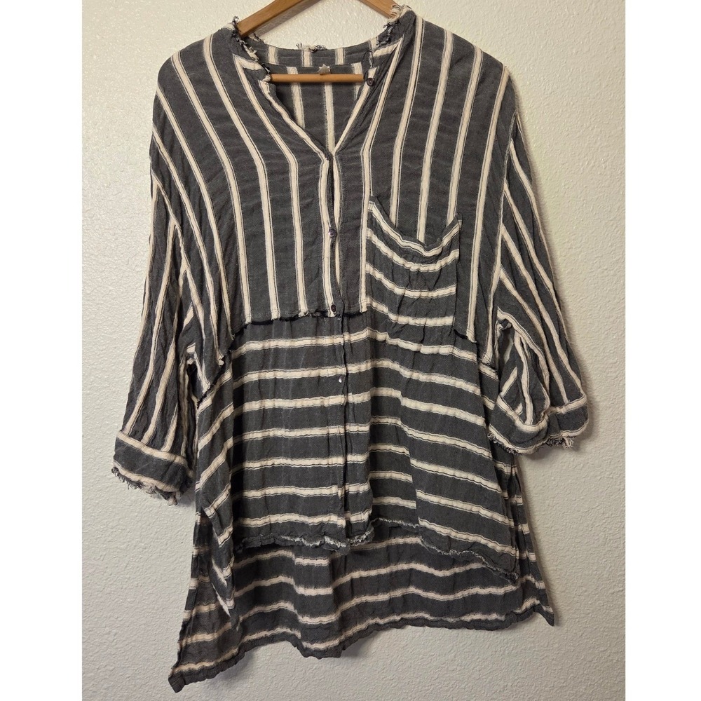 Free People Distressed Striped Oversized Tunic Top Small Boho Gray Cream